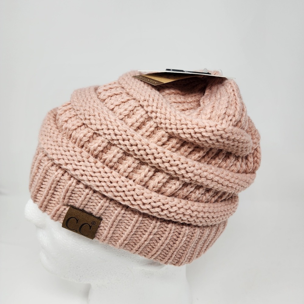 C.C Exclusive Beanie Women's OS Messy Bun Ponytail Ribbed Knit